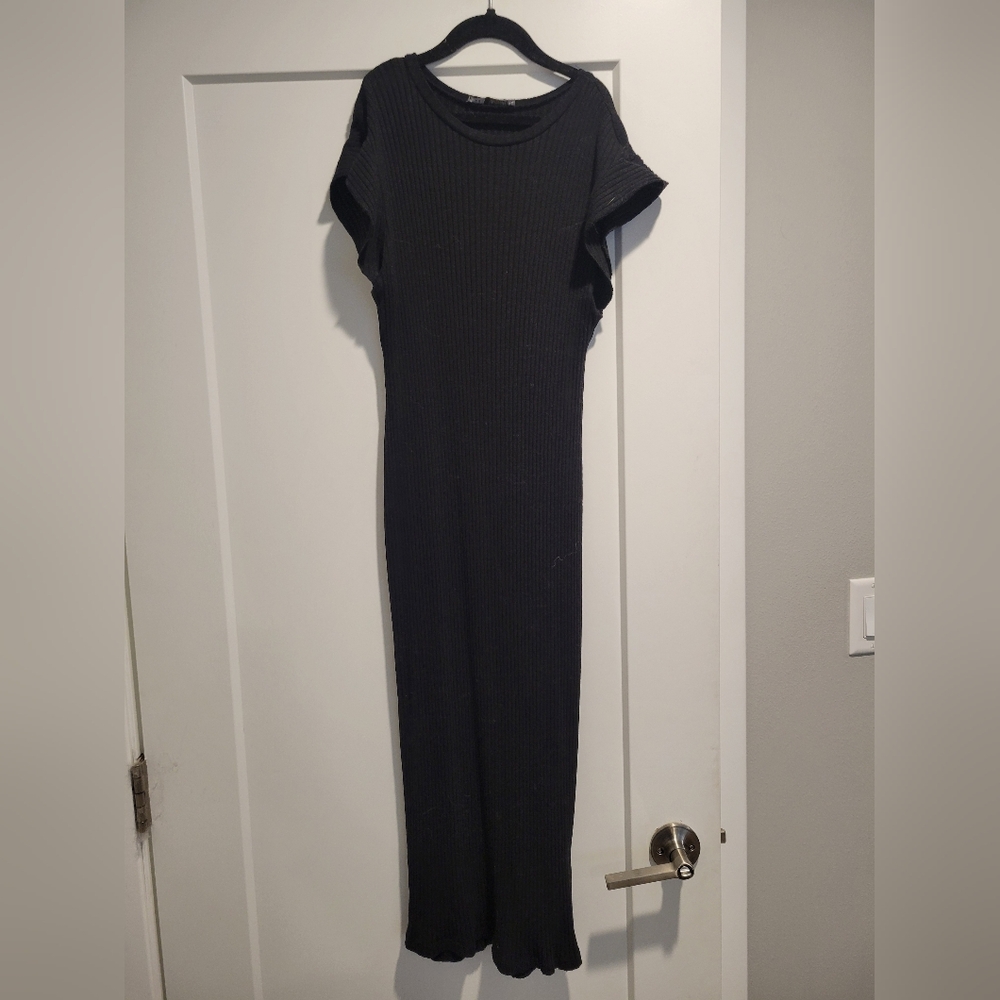 Zara Black Ribbed Midi Sweater Dress Cap Sleeve Size M